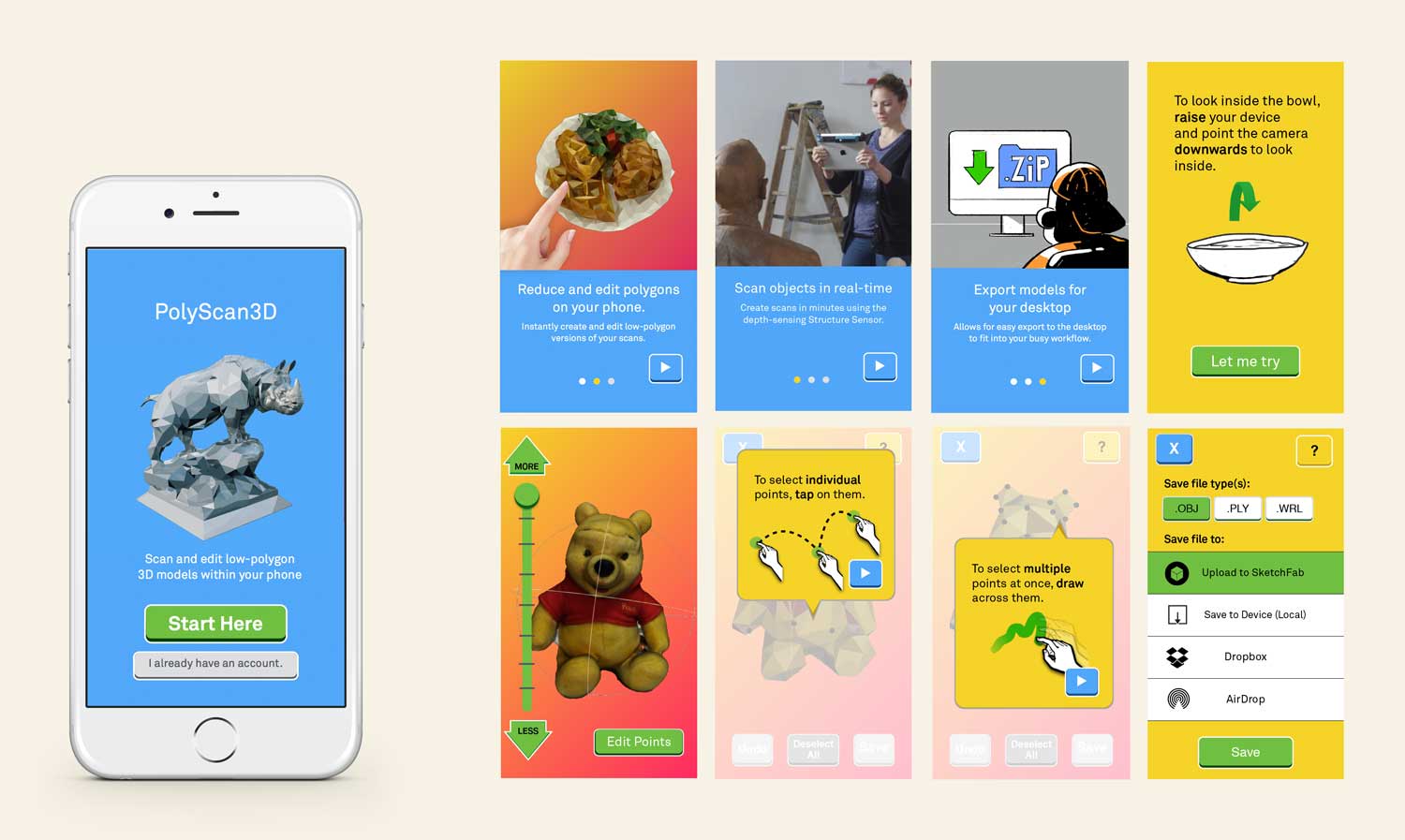 Screens for the app